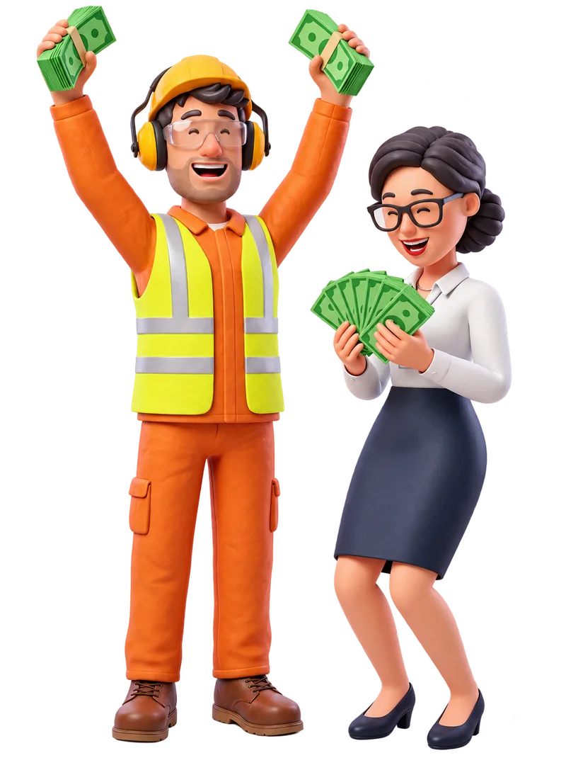 Trabalhador e servidora sorrindo e segurando dinheiro
